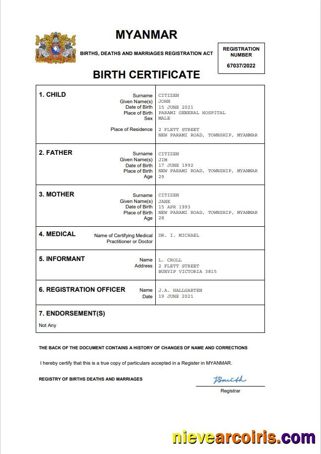 Myanmar vital record birth certificate